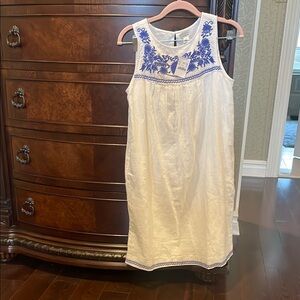 J. Crew White and Blue Embroidered Midi Dress